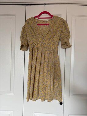 Exquiss Paris Floral Dress Yellow Purple Cottagecore Puff Sleeve Mini Dress